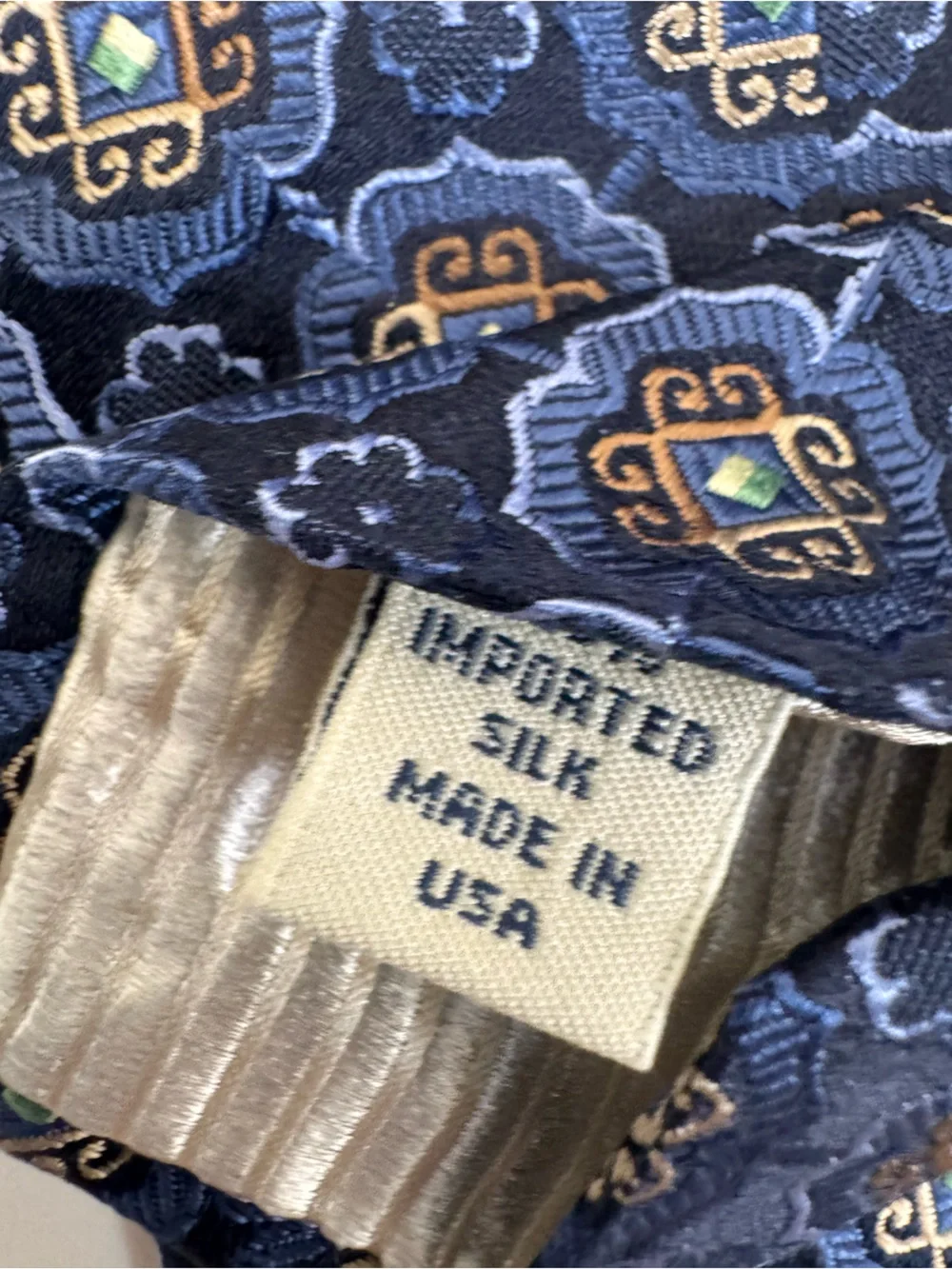 John W. Nordstrom Men’s Necktie Navy Jacquard Silk Tie Gold & Light Blue Motifs